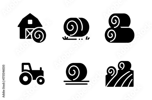 Farm icons silhouette collection featuring barn, tractor, and hay bales for rural design projects