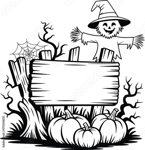 Vector art of scarecrow with pumpkins and blank wooden sign.