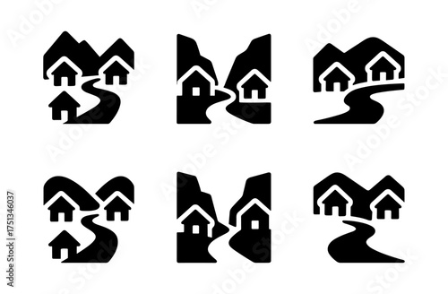 Minimalist valley village icon set for design projects