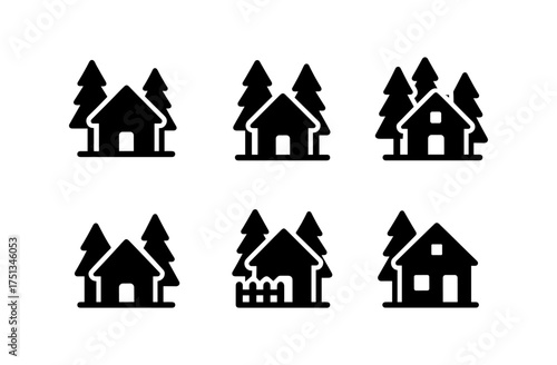 Woodland settlement icons with simple compositions for design projects