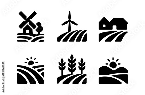 Collection of rural scene icons featuring windmill, house, and fields for design use