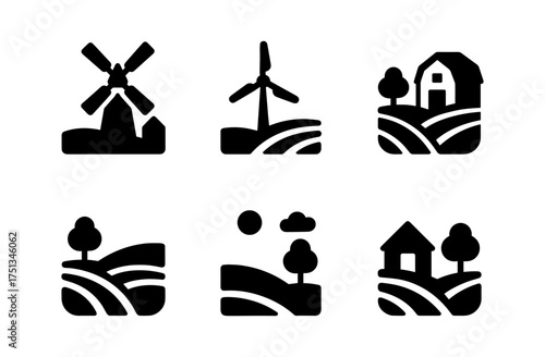 Set of simple rural scene icons for farm design and nature themed projects