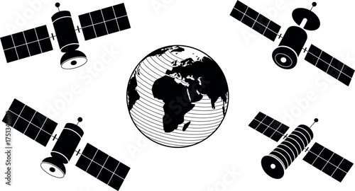 Illustration of satellites orbiting the earth isolated on white background