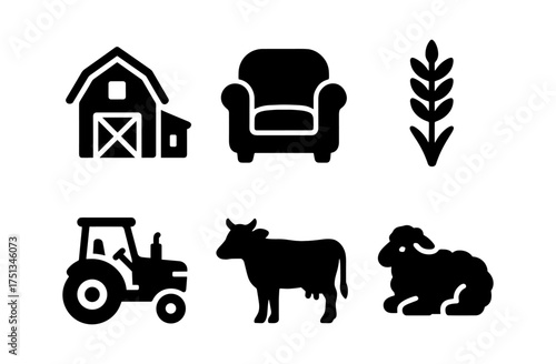 Cozy farm icons collection featuring livestock and agriculture elements for design