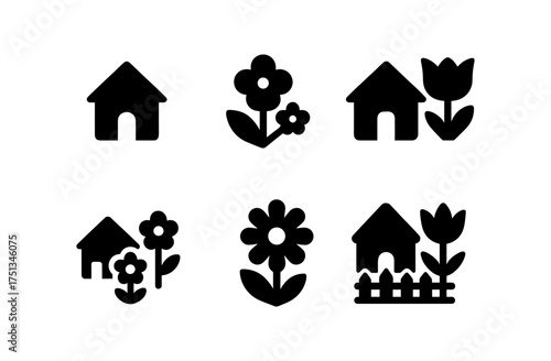 Charming spring village icons set featuring flowers and houses for seasonal design projects