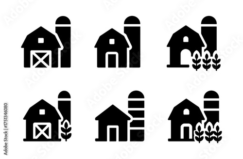 Farm icon set collection with barn and silo designs for agriculture projects and websites