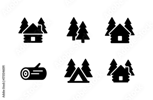 Simple forest cabin and camping icons for nature-themed designs
