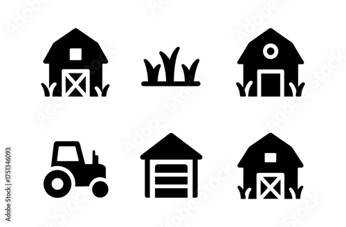 Rustic farm icons collection featuring barn, meadow, tractor, and garage for design projects