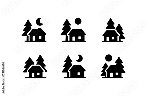 Minimalist evening forest icons featuring cabins, trees, and moon for design projects