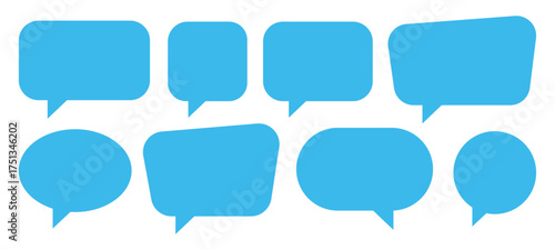 Flat empty bubble speech set. Blank sky blue speech bubble, chat box, message icon. Vector illustration