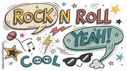 Cartoon vector illustration featuring rock n roll, yeah, cool text, stars, and sunglasses with fun doodles