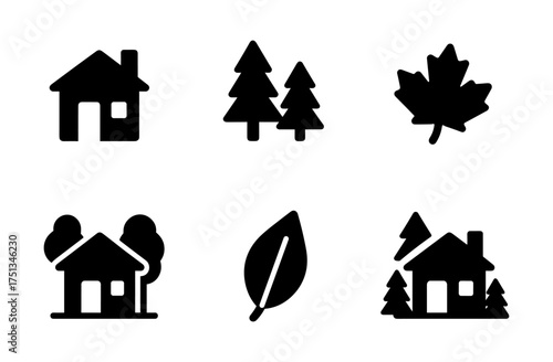 Autumn forest icons set featuring houses, trees, and leaves for seasonal design projects