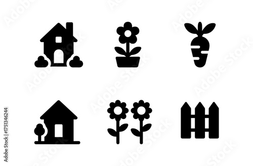 Essential garden icons set featuring house, plants, and fence for design projects
