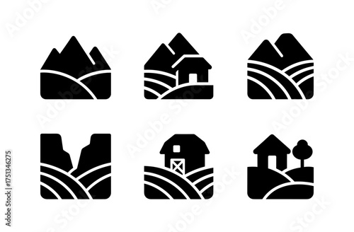 Rural mountain farm icons set for design projects and nature themes