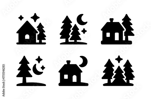 Charming cottage and night nature icons for graphic design and craft projects