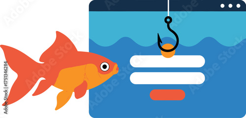 Phishing concept with fish and hook, online fraud and scam isolated on white background