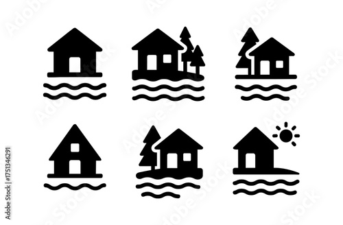 Minimalist lake cabin icons for nature-themed design and decoration elements