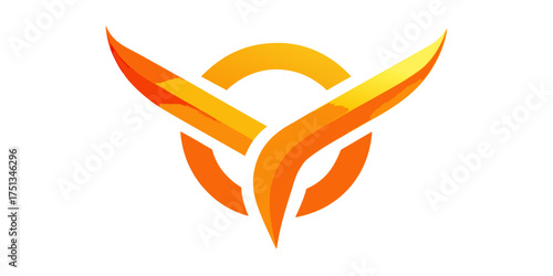 A dynamic orange logo featuring stylized wings encircling a central ring, , suggesting themes of flight and innovation