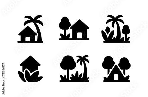 Tropical house and palm tree icons for design and decoration projects