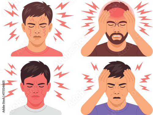 Set of people suffering from headache and migraine isolated on white background