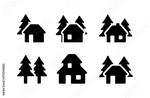 Minimalist pine forest and cabin icons for graphic design projects
