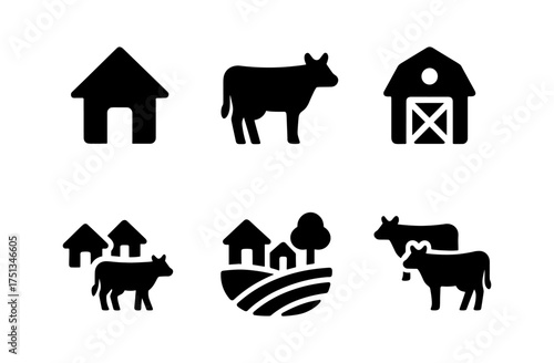 Simple village icon set featuring farm life and rural elements for design projects