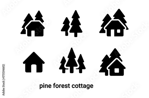 Pine forest cottage icons for nature-themed designs and prints