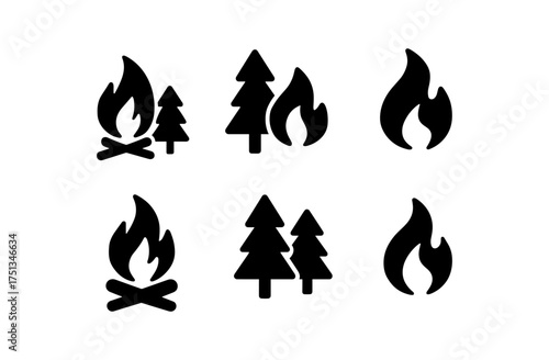 Minimalist campfire and tree icon set perfect for outdoor adventure designs