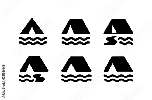 Minimalist camping icon set featuring tents and nature elements for outdoor adventure design