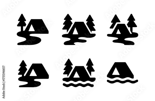 Minimalistic camping icon set featuring tents, trees, and paths for outdoor design projects