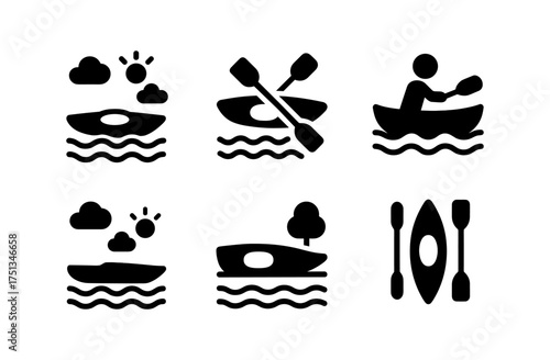 Kayak icon set featuring various designs for outdoor and water sports themes