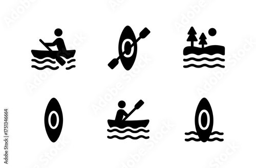 Kayak icon set featuring simple designs for water sport and outdoor adventure enthusiasts