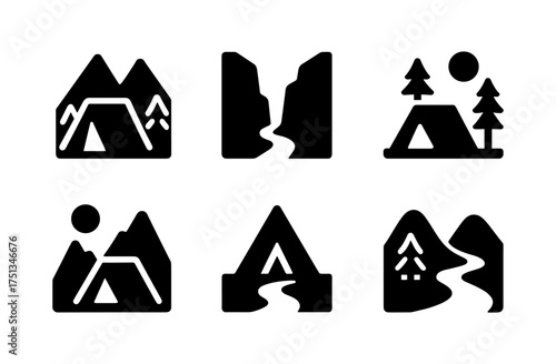 Minimalist camping icon set featuring outdoor adventure elements for design projects