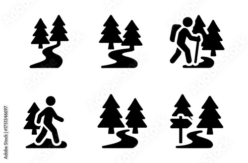 Forest hiking icon set featuring simple silhouettes for outdoor design