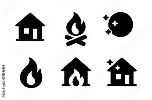 Rustic campfire and cabin icons set for outdoor adventure designs