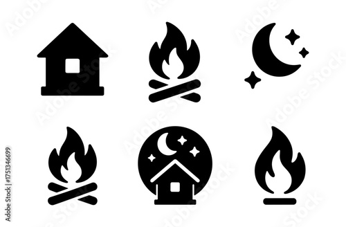 Cozy camping night scene with cabin, campfire, and moon icons for outdoor enthusiasts and themed designs