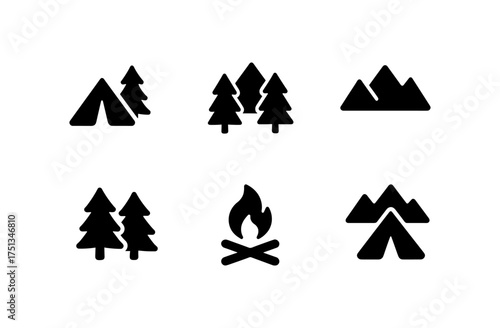 Minimalist mountain camping icons set for outdoor adventure designs