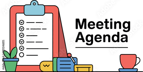 Meeting agenda on a clipboard with a cup of coffee and a plant on the table