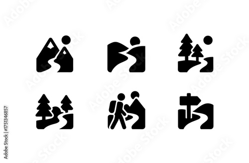 Minimalist hiking path icon set for outdoor adventure design and navigation apps