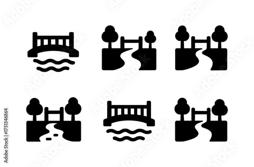 Minimalist wooden bridge icons set for design projects and environmental themes