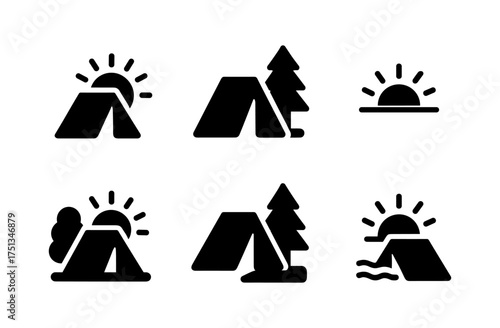 Minimalist campsite and dawn icons for nature and travel designs