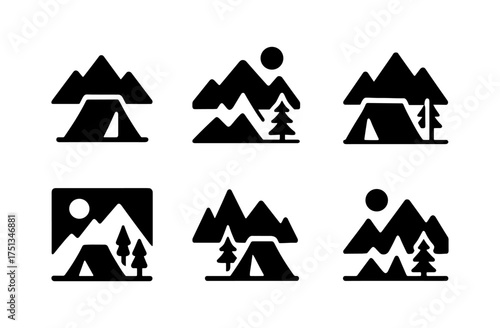 Simple mountain camp icons for outdoor adventure design and print projects