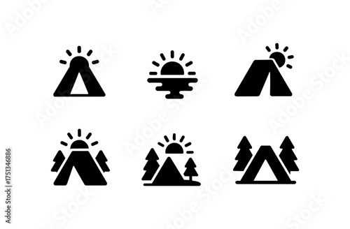 Dawn at campsite icons collection for outdoor adventure design projects