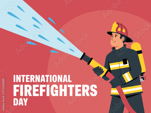 Brave firefighter spraying water on international firefighters day celebration isolated on red