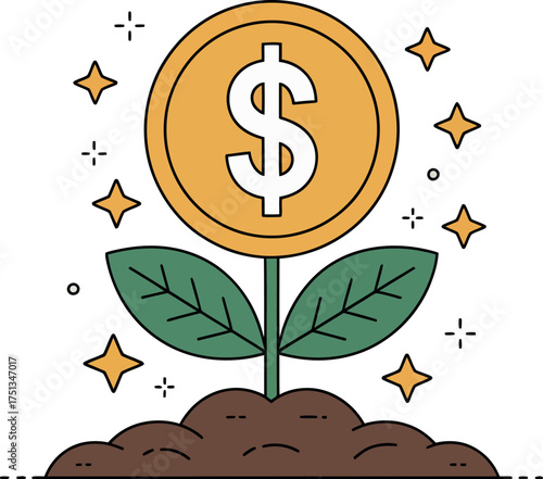 Money plant growing from soil with dollar coin isolated on white background
