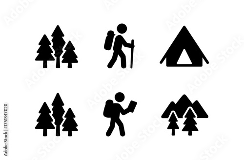 Pine forest adventure icons for outdoor exploration and camping designs
