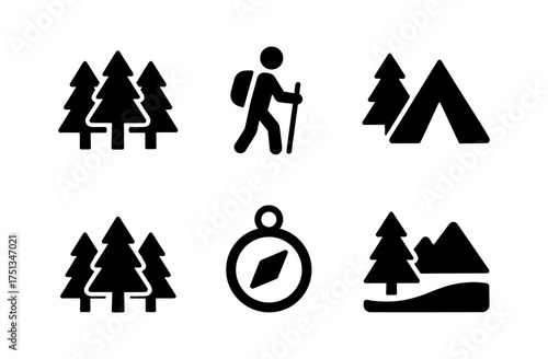Pine forest adventure icons for outdoor exploration and camping design