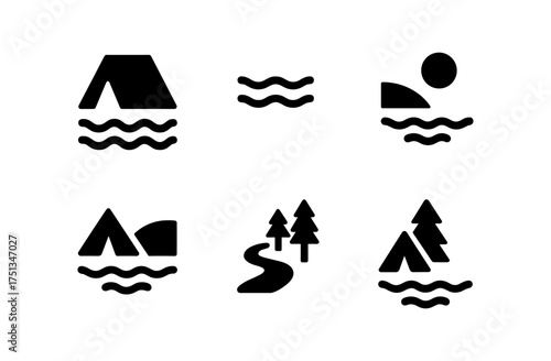Riverside camping icons for outdoor adventure designs and nature-themed projects