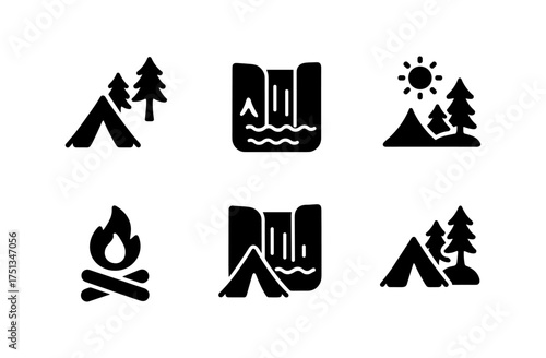 Camping icon set featuring tent, campfire, mountains, and waterfall illustrations for outdoor adventure design