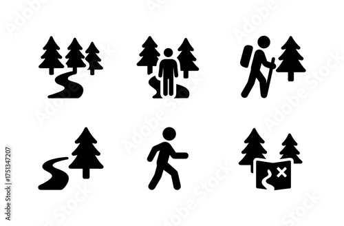 Forest adventure icons for nature exploration and hiking theme design